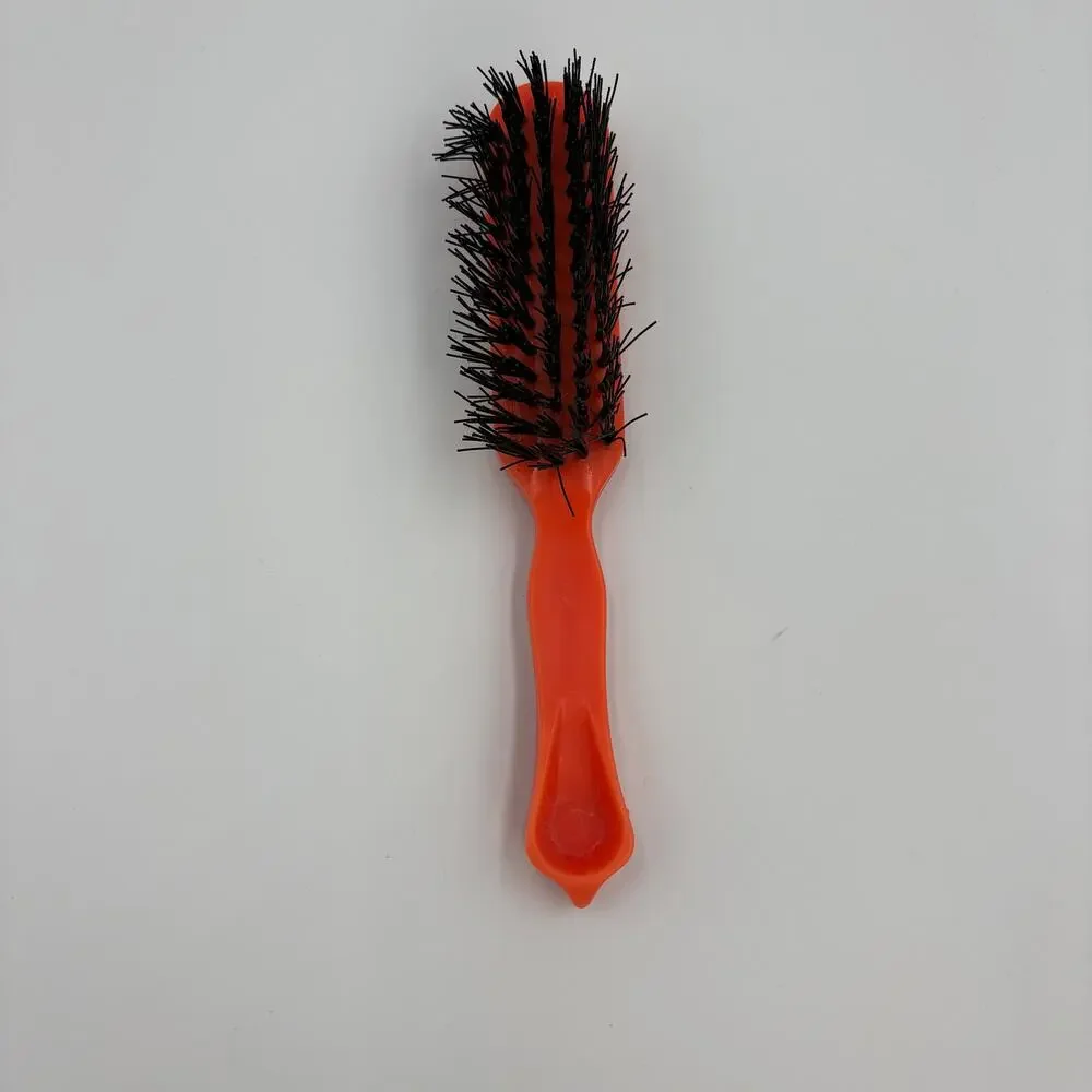 Vintage Orange Plastic Hair Brush Black Bristles Faceted Handle